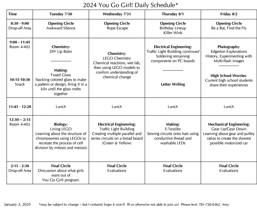 Four day calendar with morning and afternoon sessions